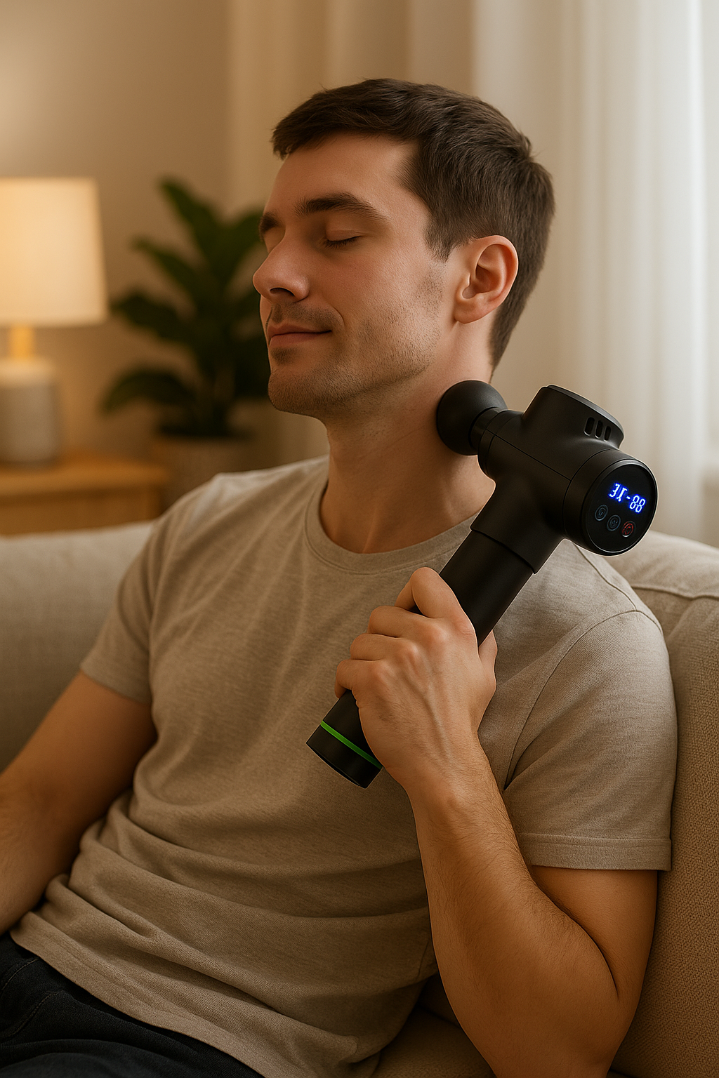 Svart massagepistol med ergonomiskt handtag och kolfiber-finish